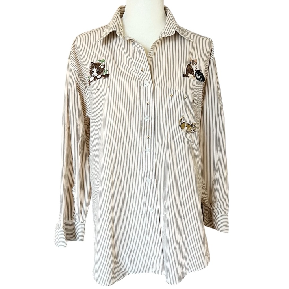 Embroidered Cats Detail Vintage Striped Hi-Lo Button-Up Shirt. Size XL